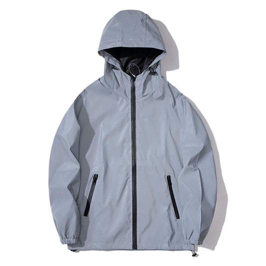 Night Reflective Jackets – Double Fabric Windbreaker, Hooded, Waterproof, Zipper Coats for Men, Ideal for Hip Hop Dancers