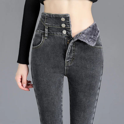 Thermal Winter Skinny Jeans – Thick Fleece, High Waist, Warm, Stretchy, Button Closure, Pencil Fit, Casual Mom Velvet Jeans