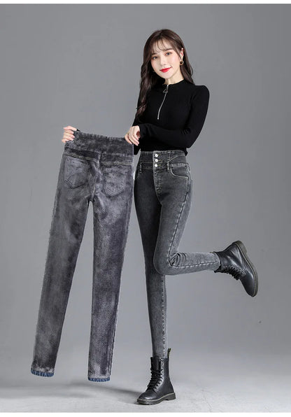 Thermal Winter Skinny Jeans – Thick Fleece, High Waist, Warm, Stretchy, Button Closure, Pencil Fit, Casual Mom Velvet Jeans