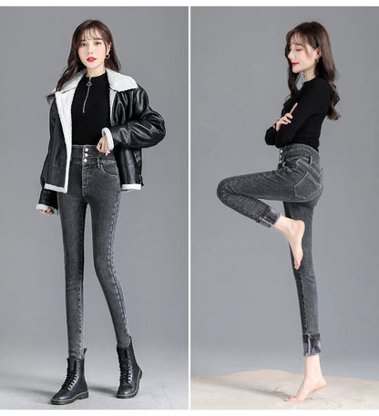 Thermal Winter Skinny Jeans – Thick Fleece, High Waist, Warm, Stretchy, Button Closure, Pencil Fit, Casual Mom Velvet Jeans