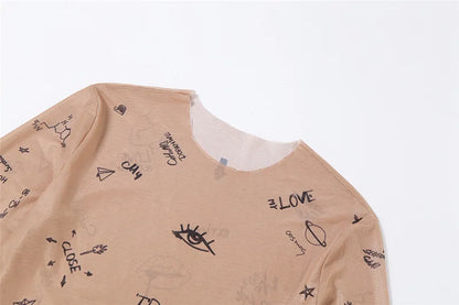 Sexy Slim Bodysuit – Tight-Fitting, One-Piece, Long Sleeve, O-Neck, Printed, Summer Party Wear