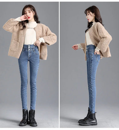 Thermal Winter Skinny Jeans – Thick Fleece, High Waist, Warm, Stretchy, Button Closure, Pencil Fit, Casual Mom Velvet Jeans