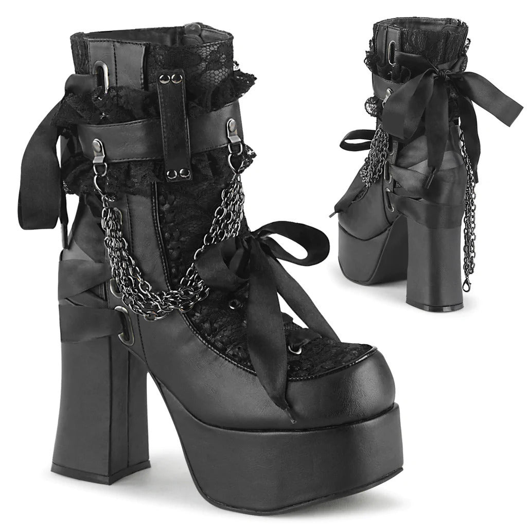 Gothic Style Chain Lace Up Bow Women Short Boots Retro Round Toe Square Heel Chunky Platform Ankle Boots Punk