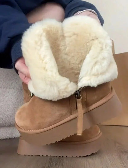 Thick Cotton Boots with Added Fleece – New Warm Fur Integrated Short Tube Thick Sole Snow Boots, Women's Side Zipper