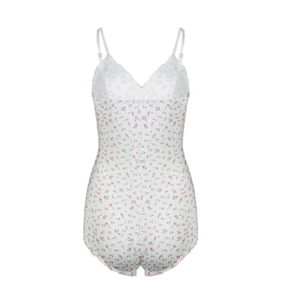 Y2K Floral Print Bodysuit – Spaghetti Straps, Sexy Lace Patchwork, Knit, Sleeveless, Slim Fit