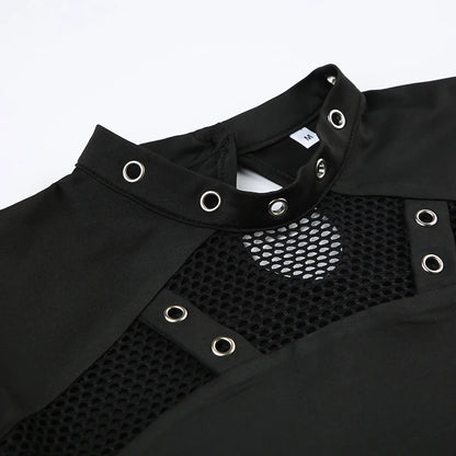 Goth Mesh Patchwork Crop Top – Sexy Hollow-Out, Long Sleeve, Eyelet Detail, Punk Style, Slim Fit Streetwear Tee