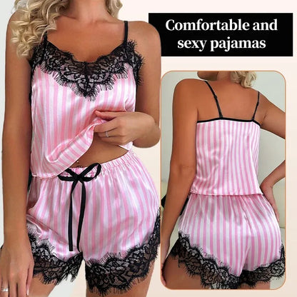 2PCS Women's V-Neck Sexy Lace Suspender Pajama Shorts Set – Casual Sleeveless Sexy Pajama Set
