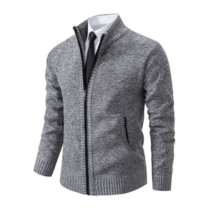 Jersey Men's Casual Sports Coat – Solid Color Stand Collar Sweater, Fleece-Lined, Warm Zipper Cardigan