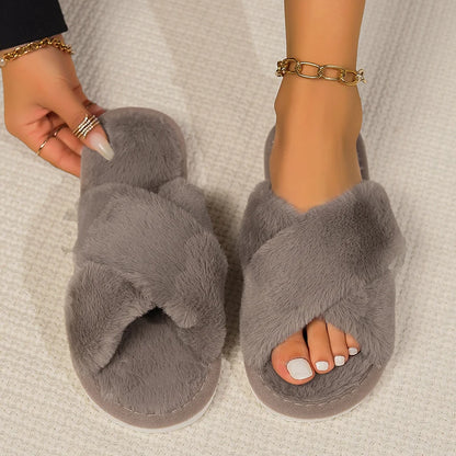 Cross Warm Fluffy Furry Slippers Women – Lightweight Flat Heels, Fur Slides, Autumn Winter Open Toe Non-Slip Home Floor Shoes