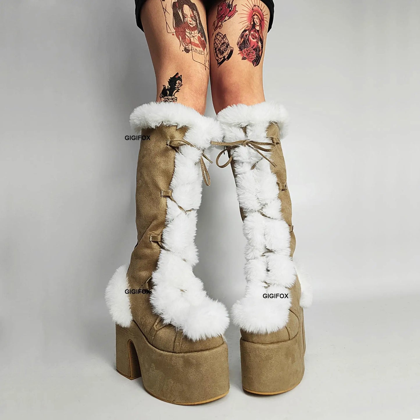 Platform Furry Boots Chunky High Heeled Winter Autumn Knee High Boots Women Faux Fur Zip Gothic Style Punk