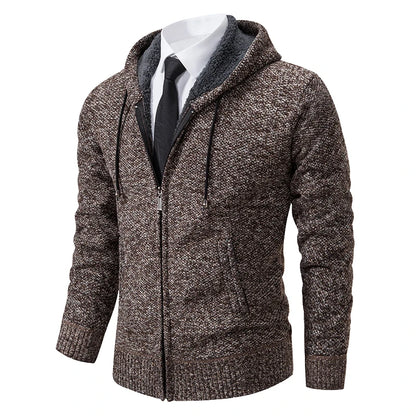 Jersey Men's Casual Sports Coat – Solid Color Stand Collar Sweater, Fleece-Lined, Warm Zipper Cardigan