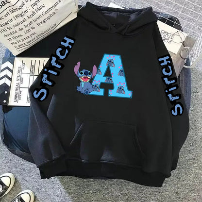 Women's Winter Disney Hoodie – Cute Kawaii Lilo & Stitch, Lucky Letter Print, Black, Fashion Couple Streetwear (Big Size)