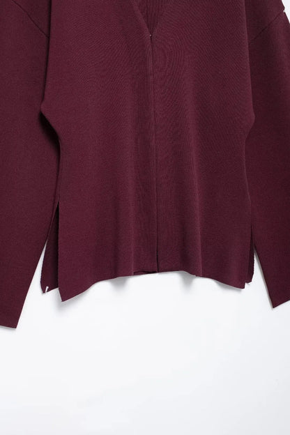 Elegant Knitted Cardigan – Burgundy Red, V-Neck, Slim Fit, Long Sleeve, Autumn Office Chic Outerwear
