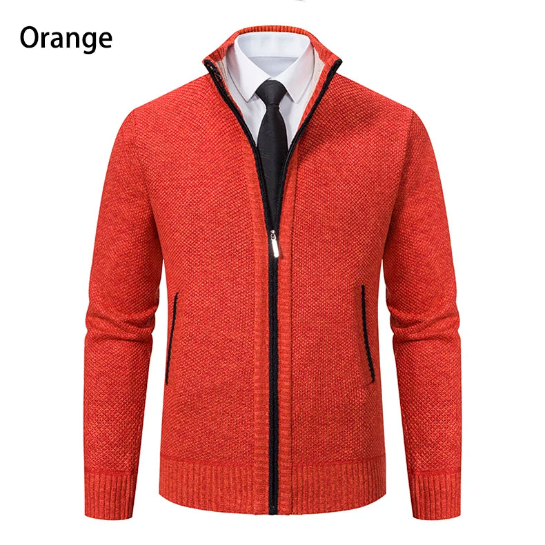 Jersey Men's Casual Sports Coat – Solid Color Stand Collar Sweater, Fleece-Lined, Warm Zipper Cardigan