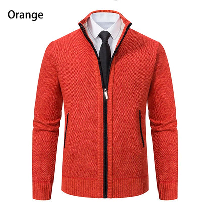 Jersey Men's Casual Sports Coat – Solid Color Stand Collar Sweater, Fleece-Lined, Warm Zipper Cardigan