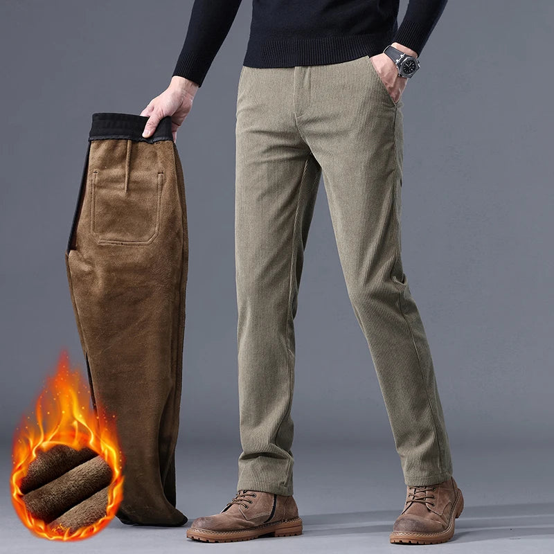 Fleece Men's Corduroy Casual Pants – Chenille Thick Stretch, Mid-Rise, Business Trousers, Winter Thermal Brand Pants