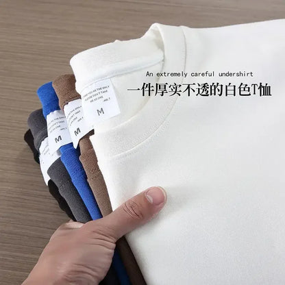 Heavy-duty Pure Cotton T-shirt Thickened, Threaded Round Neck