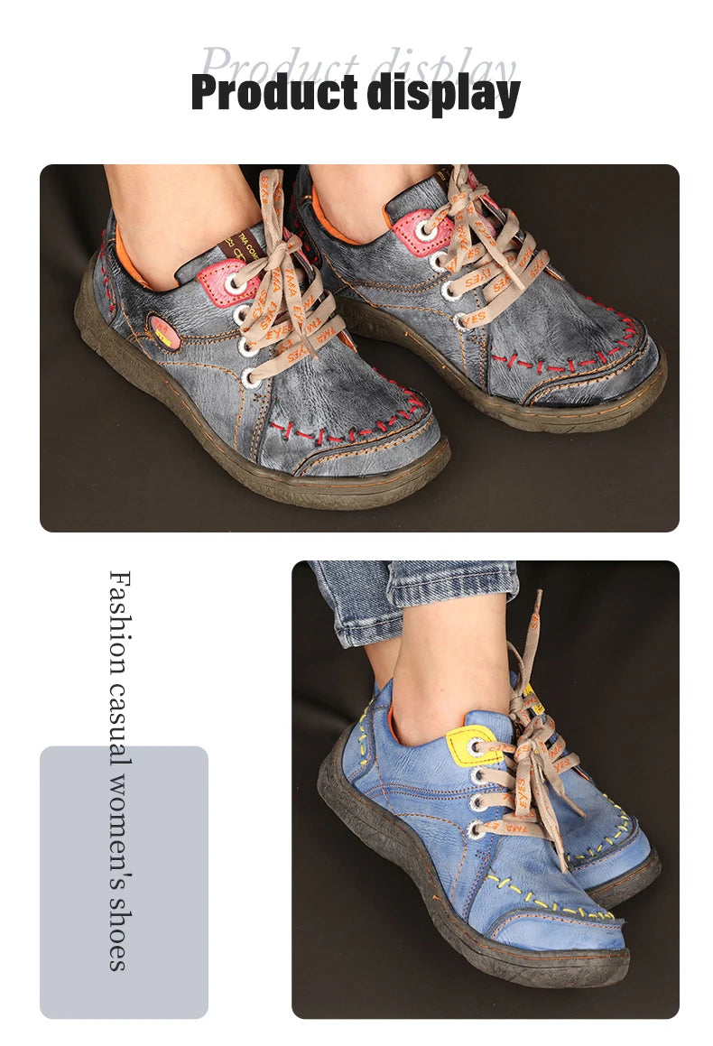 Hand-Stitched Leather Sneakers – Lightweight Flat Design Shoes for Women