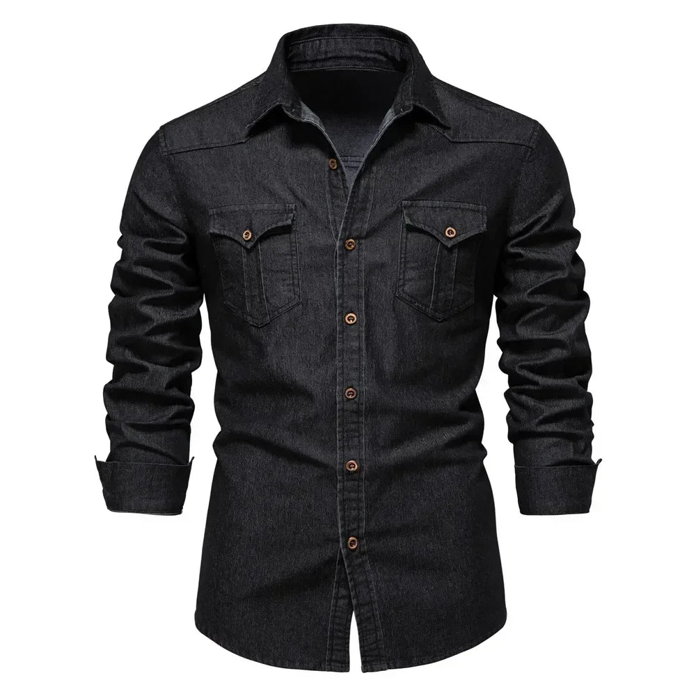 Elastic Cotton Denim Shirt Men Long Sleeve Quality Cowboy Shirts