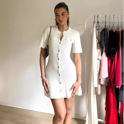 Elegant Knitted Mini Dress – Sexy, Slim Fit, Ribbed Knit, Metal Button, Short Sleeve, Holiday, Party Wear