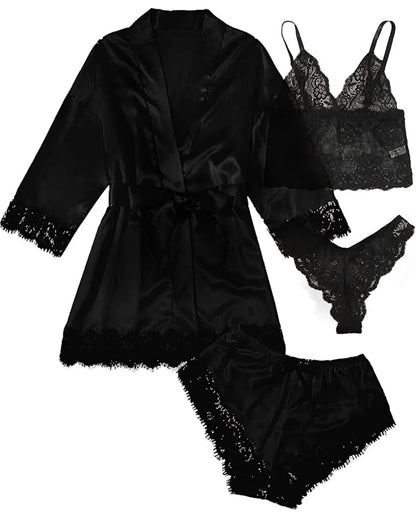 Women Fashion Pajama Print – Sexy Lace Trim Faux Silk Satin Pajama Set Gown, Skin-Friendly Comfort Loungewear, Sexy Pajamas