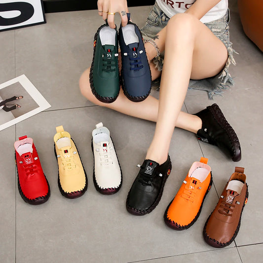 Lace-Up Leather Loafers - Flat Casual Shoes for Women, New Spring Collection, Outdoor Travel and Walking Sneakers