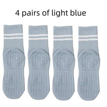 4 Pairs Medium length Socks, Pure Cotton Anti Slip Silicone Indoor Fitness Pilates