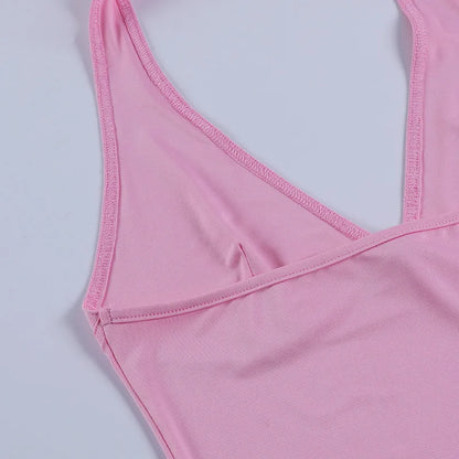 Halter Camisole Tank Top – V-Neck, Sexy, Slim Fit, Backless, Pink, Corset Style, Women's Tee Shirt