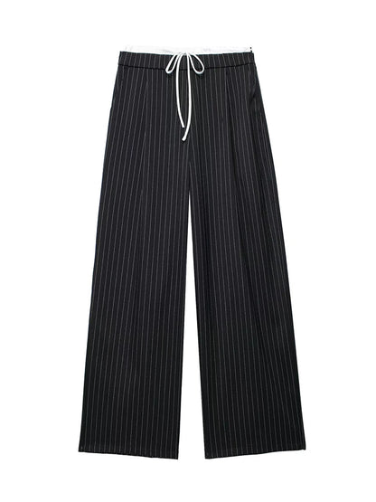 Women Fashion Straight Pants – Solid Color, Lace-Up, Side Zipper, Vintage Style, High Elastic Waist, Chic Lady Trousers