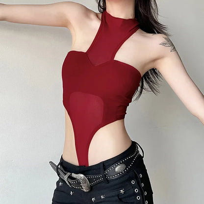 Red See-Through Mesh Bodysuit – Sexy Lingerie, Neck-Mounted, Y2K Festival Outfit