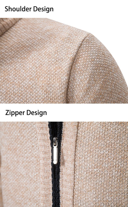 Jersey Men's Casual Sports Coat – Solid Color Stand Collar Sweater, Fleece-Lined, Warm Zipper Cardigan