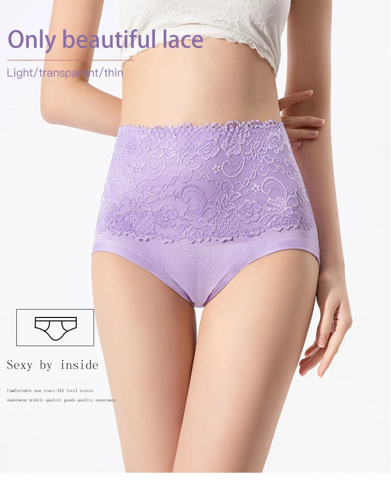3PCS High Waist Women's Panties – Large Size, Breathable Cow Milk Silk, Lace Briefs, Sexy Female Lingerie