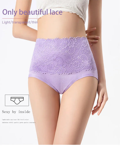 3PCS High Waist Women's Panties – Large Size, Breathable Cow Milk Silk, Lace Briefs, Sexy Female Lingerie