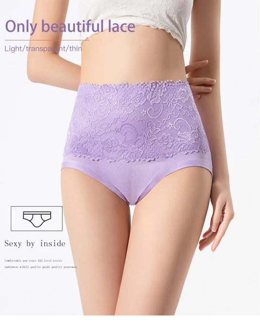 3PCS High Waist Women's Panties – Large Size, Breathable Cow Milk Silk, Lace Briefs, Sexy Female Lingerie