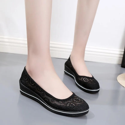 Lace Hollow Breathable Little White Shoes - Flat Mid Wedge Heel Women's Summer Beauty Sneakers