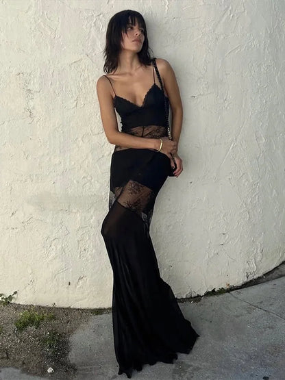 Lace See Through Sling Maxi Dress Women Sexy Slim Black Backless Sleeveless Long Dresses Female Summer Chic