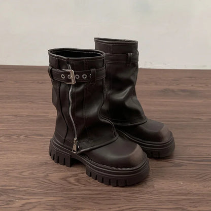 Biker Boots – Fashion Belt Buckle Ladies Elegant Platform Flats, Short Booties Casual Women’s Knight Booties, Winter Boots for Women