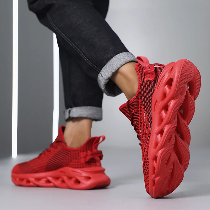 Comfortable Sneakers – Breathable Mesh Tennis Sports Running & Walking Outdoor Shoes for Men, Red Flying Weave, Slip-on Gym Shoes