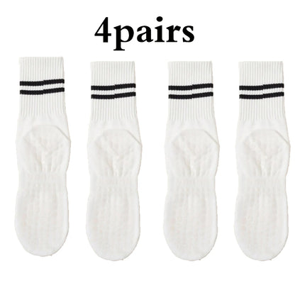 4 Pairs Medium length Socks, Pure Cotton Anti Slip Silicone Indoor Fitness Pilates