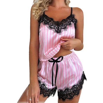 2PCS Women's V-Neck Sexy Lace Suspender Pajama Shorts Set – Casual Sleeveless Sexy Pajama Set