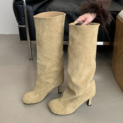 Street Style Round Toe Knee-High Women Boots – Punk Thin High Heels, Female Long Booties for Winter