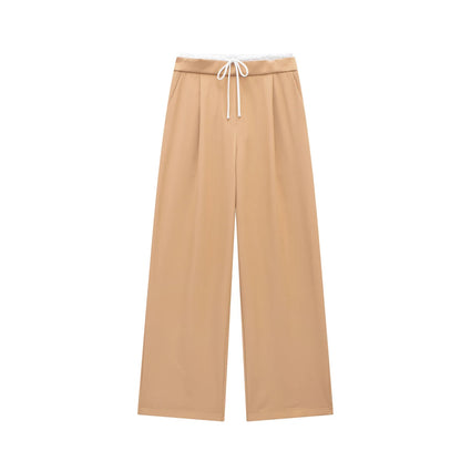 Women Fashion Straight Pants – Solid Color, Lace-Up, Side Zipper, Vintage Style, High Elastic Waist, Chic Lady Trousers