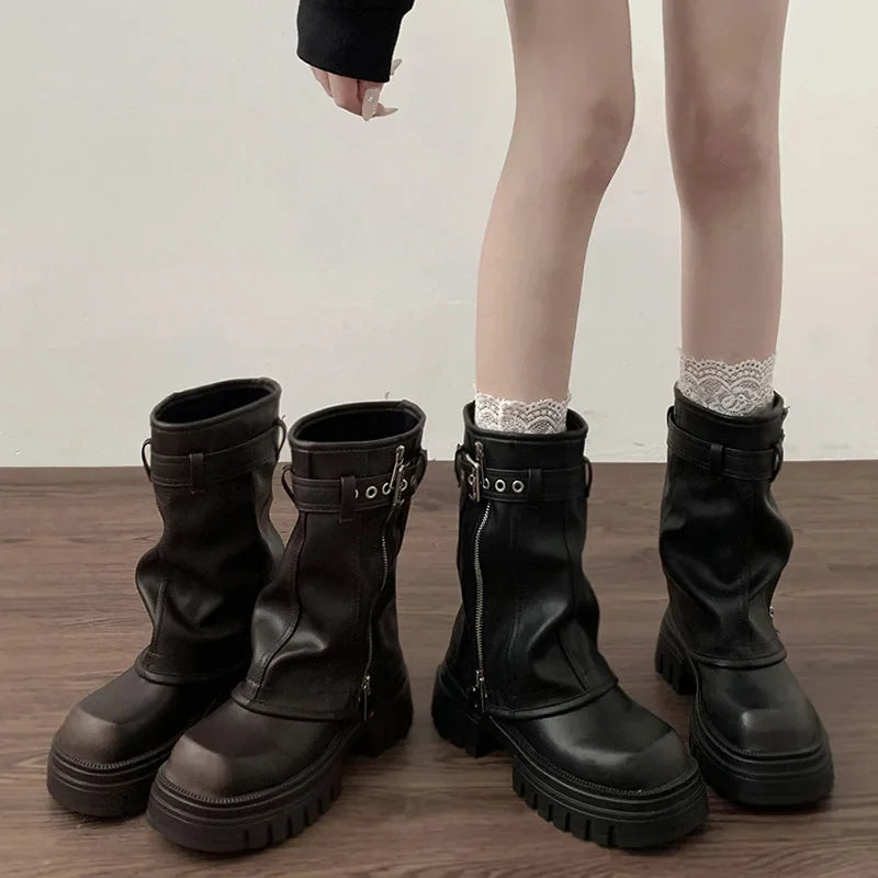 Biker Boots – Fashion Belt Buckle Ladies Elegant Platform Flats, Short Booties Casual Women’s Knight Booties, Winter Boots for Women