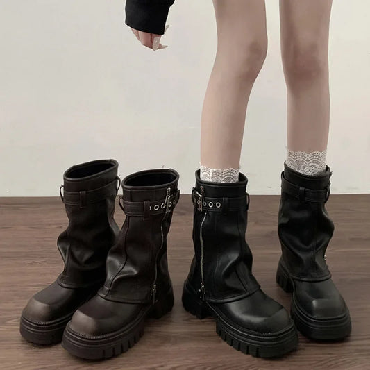 Biker Boots – Fashion Belt Buckle Ladies Elegant Platform Flats, Short Booties Casual Women’s Knight Booties, Winter Boots for Women