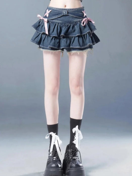 Denim Pleated A-Line Skirt – Bow Fold Design, Built-in Shorts, American Spicy Girl, Korean Fashion