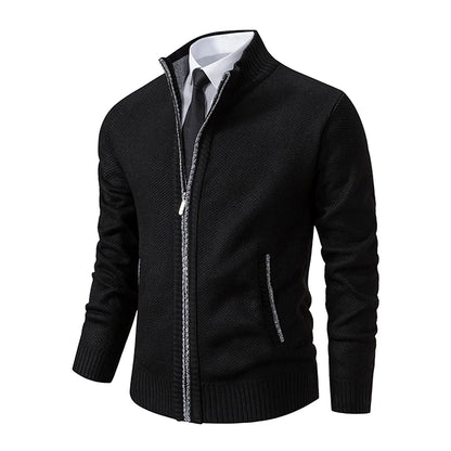 Jersey Men's Casual Sports Coat – Solid Color Stand Collar Sweater, Fleece-Lined, Warm Zipper Cardigan