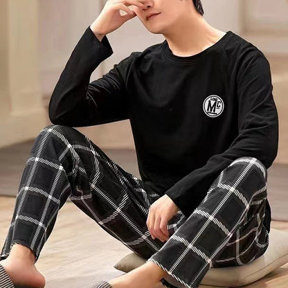 Men's Summer Pyjamas – Long Sleeve, Black Plaid Trousers, Youth Style, Large Size, Two-Piece Homewear Set, Outdoor Wearable