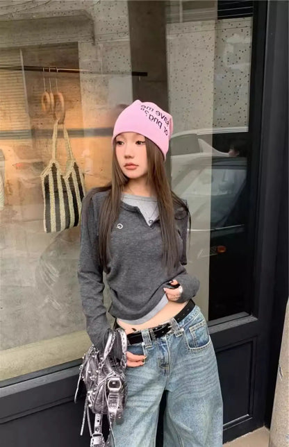 Women's Fake Two-Piece T-Shirt – Long Sleeves, Autumn/Winter, Slim Fit, Slimming Effect, Retro Style, Bottoming Top