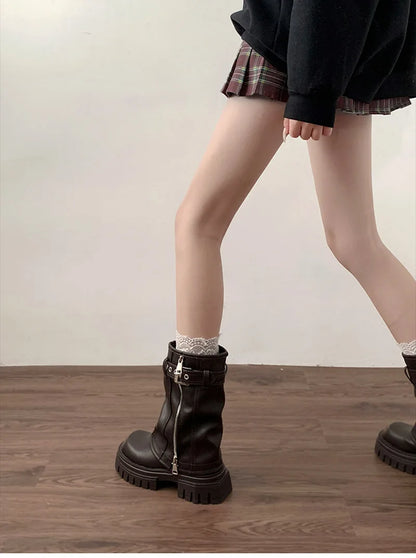 Biker Boots – Fashion Belt Buckle Ladies Elegant Platform Flats, Short Booties Casual Women’s Knight Booties, Winter Boots for Women