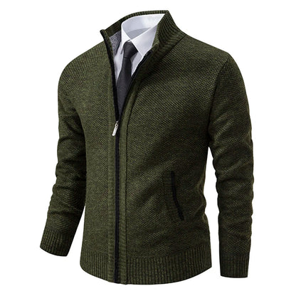 Jersey Men's Casual Sports Coat – Solid Color Stand Collar Sweater, Fleece-Lined, Warm Zipper Cardigan